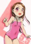  1girl brown_eyes competition_swimsuit covered_navel cowboy_shot dated flat_chest idolmaster idolmaster_(classic) idolmaster_2 long_hair looking_at_viewer minase_iori one-piece_swimsuit open_mouth pink_swimsuit red_eyes school_swimsuit smile solo striped swimsuit tommy_region vertical_stripes white_background younger 