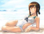  1girl adapted_costume artist_name beach black_hair blurry casual_one-piece_swimsuit collarbone depth_of_field ergot fubuki_(kantai_collection) full_body hair_ornament hairclip jewelry kantai_collection looking_at_viewer low_ponytail lying on_side one-piece_swimsuit ponytail ring short_ponytail sidelocks skirt solo swimsuit wedding_band white_swimsuit 