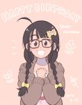  1girl 49s-aragon ahoge bangs black_hair blush bow braid character_name dated english_text eyebrows_visible_through_hair freckles glasses hair_bow hands_together happy_birthday idolmaster idolmaster_cinderella_girls long_sleeves looking_at_viewer okuyama_saori open_mouth smile solo twin_braids upper_body yellow_bow 