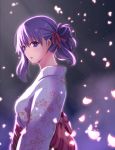  1girl :o alternate_costume alternate_hairstyle arms_at_sides breasts commentary_request fate/stay_night fate_(series) floral_print gradient gradient_background hair_between_eyes hair_bun hair_ribbon hair_up head_tilt japanese_clothes kimono long_sleeves looking_at_viewer matou_sakura medium_breasts obi object_namesake petals purple_hair red_ribbon ribbon sash sidelighting solo upper_body violet_eyes walkure yukata 