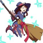  1girl boots broom brown_eyes brown_hair full_body hat kagari_atsuko little_witch_academia looking_back open_mouth parody showers-u sparkle white_background witch_hat 