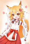  1girl :d animal_ear_fluff animal_ears apron arms_up bangs blonde_hair blush brown_eyes chibi eyebrows_visible_through_hair fang flower flower_(symbol) fox_ears fox_girl fox_tail gelulu gradient gradient_background hair_between_eyes hair_flower hair_ornament hakama highres japanese_clothes kimono looking_at_viewer miko open_mouth red_flower red_hakama ribbon_trim senko_(sewayaki_kitsune_no_senko-san) sewayaki_kitsune_no_senko-san simple_background smile solo tail tail_raised twitter_username white_apron white_background white_kimono wide_sleeves 