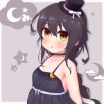  1girl :o alternate_costume bangs bare_shoulders black_choker black_dress black_hair black_headwear blush bow breasts brown_background brown_eyes choker clouds commentary_request crescent crescent_moon_pin dress eyebrows_visible_through_hair grey_background hair_between_eyes hat hat_bow kantai_collection long_hair looking_at_viewer mikazuki_(kantai_collection) mini_hat mini_top_hat parted_lips rose_neru sleeveless sleeveless_dress small_breasts solo star tilted_headwear top_hat two-tone_background upper_body white_bow 