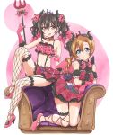  2girls :d asymmetrical_wings black_hair black_wings blue_eyes blush bow bowtie brown_hair choker collarbone fishnet_legwear fishnets floral_print flower frilled_skirt frills full_body gloves hair_flower hair_ornament hair_ribbon high_heels holding horns kneeling leaning_forward leg_ribbon long_hair looking_at_viewer love_live! love_live!_school_idol_project midriff miniskirt multiple_girls navel open_mouth pink_bow pink_eyes pink_footwear pink_gloves pink_ribbon pink_skirt pink_wings polka_dot polka_dot_bow polka_dot_neckwear polka_dot_ribbon print_skirt pumps purple_flower ribbon sitting skirt smile sparkle stomach suspender_skirt suspenders tetopetesone thigh-highs thigh_strap twintails vertical-striped_gloves white_background wings yazawa_nico 