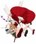  2girls :d ascot ass bangs belt black_belt black_neckwear black_ribbon black_skirt blonde_hair blood blood_from_mouth bloomers blue_eyes breasts clenched_teeth commentary_request eye_contact face-to-face fang flandre_scarlet full_body glowing glowing_eyes gotoh510 green_skirt green_vest hair_between_eyes hair_ribbon highres holding holding_sword holding_weapon katana konpaku_youmu leg_strap leg_up looking_at_another miniskirt multiple_girls neck_ribbon no_hat no_headwear open_mouth profile puffy_short_sleeves puffy_sleeves red_eyes red_footwear red_skirt red_vest reflection ribbon shirt shoes short_hair short_sleeves silver_hair simple_background skirt skirt_set small_breasts smile socks sword teeth thighs touhou underwear v-shaped_eyebrows vest weapon white_background white_bloomers white_legwear white_shirt wrist_cuffs yellow_neckwear 