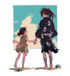  1boy 1girl age_difference bandage barefoot black_hair brown_hair child clouds dororo_(character) dororo_(tezuka) edmhhhnh hand_holding hyakkimaru_(dororo) japanese_clothes looking_at_another open_mouth ponytail sleeveless torn_clothes 