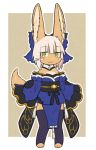  1other :3 ambiguous_gender animal_ear_fluff animal_ears blue_bow bow commentary_request cosplay detached_collar detached_sleeves eyebrows_visible_through_hair fate/extra fate_(series) frilled_sleeves frills full_body green_eyes hair_bow japanese_clothes kawasemi27 looking_at_viewer made_in_abyss nanachi_(made_in_abyss) outline pelvic_curtain short_hair simple_background smile solo tail tamamo_(fate)_(all) tamamo_no_mae_(fate) tamamo_no_mae_(fate)_(cosplay) thigh-highs whiskers white_hair white_outline wide_sleeves 