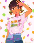  1girl apple bangs blush border brown_eyes brown_hair cherry denim earrings food fruit grapes green_apple green_border hand_up highres jeans jewelry leaf lemon open_mouth orange orange_slice original pants peach print_shirt routexx shirt shirt_tucked_in short_sleeves signature smile solo strawberry twintails watermelon white_background white_shirt 