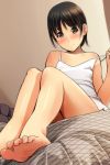  1girl absurdres bangs bare_arms bare_legs bare_shoulders barefoot blush brown_eyes brown_hair camisole closed_mouth collarbone eyebrows_visible_through_hair feet fingernails highres legs looking_at_viewer matsunaga_kouyou nose_blush original pulled_by_self short_hair sitting smile soles solo strap_pull toenails underwear underwear_only white_camisole 