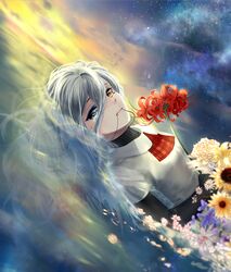  1girl black_shirt cravat daisy dutch_angle flower gradient_sky grey_eyes grey_hair hair_between_eyes heterochromia high_collar horizon long_hair looking_at_viewer luo_er_yue nebula original partially_submerged plaid_neckwear shirt shirt_under_shirt short_sleeves sky solo spider_lily star_(sky) starry_sky string_in_mouth sunflower twilight upper_body very_long_hair water white_shirt yellow_eyes 