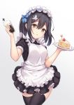  1girl :o absurdres apron black_hair black_legwear blue_bow bow breasts cake commentary_request dress eyebrows_visible_through_hair fate/grand_order fate/kaleid_liner_prisma_illya fate_(series) food fruit hair_between_eyes hair_bow hair_ornament hairclip highres holding holding_plate long_hair looking_at_viewer maid maid_apron maid_dress maid_headdress miyu_edelfelt one_side_up plate short_dress short_sleeves simple_background small_breasts solo strawberry thigh-highs white_background y3010607 