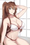  1girl arm_behind_head arm_up aslindsamure bangs bare_shoulders blush bra breasts brown_eyes brown_hair collarbone hair_between_eyes halmakes highres kantai_collection large_breasts long_hair looking_at_viewer navel panties ponytail sidelocks smile solo thighs underwear very_long_hair white_bra white_panties window yamato_(kantai_collection) 