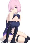  1girl absurdres bare_shoulders black_gloves breasts cleavage elbow_gloves fate/grand_order fate_(series) gloves hair_over_one_eye highres kumamoto_nomii-kun large_breasts lavender_hair leotard looking_at_viewer mash_kyrielight medium_breasts multicolored multicolored_clothes navel parted_lips short_hair simple_background sitting solo teeth thigh_strap violet_eyes white_background yokozuwari 