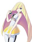  1girl bare_arms bare_shoulders between_breasts bike_shorts blonde_hair blue_eyes breasts commentary_request creatures_(company) dress game_freak grin hair_over_one_eye highres leggings long_hair looking_at_viewer lusamine_(pokemon) medium_breasts nintendo o_sho pokemon pokemon_(game) pokemon_sm simple_background sleeveless sleeveless_dress smile solo very_long_hair white_background white_dress white_legwear 