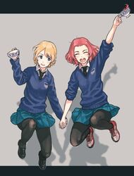  2girls arm_up bangs black_footwear black_legwear black_neckwear blonde_hair blue_eyes blue_skirt blue_sweater braid closed_eyes commentary cross-laced_footwear cup darjeeling dress_shirt emblem facing_viewer girls_und_panzer gufu_(guffuumu) hand_holding holding holding_cup jumping letterboxed loafers long_sleeves looking_at_another medium_hair miniskirt multiple_girls necktie open_mouth pantyhose pleated_skirt red_footwear redhead rosehip school_uniform shadow shirt shoes short_hair skirt smile sneakers spill st._gloriana&#039;s_school_uniform sweater tea teacup tied_hair twin_braids v-neck white_shirt wing_collar 