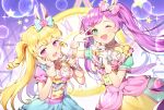  2girls :d ;d animal_ears arm_up azit_(down) blonde_hair blue_bow blue_shirt blue_skirt blurry blurry_background blush bow bubble clock commentary_request depth_of_field gloves green_eyes hair_bow hand_on_own_face hands_up heart highres holding holding_microphone idol_time_pripara long_hair manaka_lala microphone multiple_girls one_eye_closed open_mouth pink_bow pink_shirt pripara puffy_short_sleeves puffy_sleeves purple_hair rabbit_ears ringlets roman_numerals shirt short_sleeves skirt smile star twintails two_side_up v_over_eye very_long_hair violet_eyes white_gloves yellow_skirt yumekawa_yui 