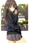  1girl black_sweater blurry blurry_background brown_hair cowboy_shot earphones from_side green_eyes grey_skirt hand_in_pocket highres idolmaster idolmaster_cinderella_girls long_hair long_sleeves looking_at_viewer miniskirt pleated_skirt shibuya_rin shiki_(0802makimari) shiny shiny_hair skirt smile solo standing sweater 