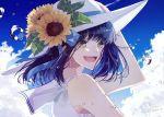  1girl arm_up bead_bracelet beads blue_hair blue_sky bracelet clouds day droplet earrings flower green_eyes hair_flower hair_ornament hand_to_hat jewelry medium_hair open_mouth original school_uniform seikai_meguru serafuku sky smile solo twitter_username upper_body white_headwear 