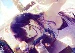  1girl black_hair blue_sky bracelet cup day drink drinking_glass dutch_angle eyewear_removed jewelry long_hair looking_at_viewer open_mouth original red-framed_eyewear seikai_meguru sky solo table tagme wine_glass wristband yellow_eyes 