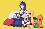  2girls bangs blue_eyes blue_hair blush bow controller dairantou!_smash_brothers_special domino_mask fang fangs fire_emblem fire_emblem:_kakusei hair_between_eyes inkling intelligent_systems long_hair long_skirt long_sleeves lucina mask multiple_girls nintendo nintendo_ead open_mouth pointy_ears ryon_(ryonhei) shorts simple_background skirt smile splatoon splatoon_(series) splatoon_1 squid super_smash_bros. super_smash_bros._ultimate tentacle_hair 