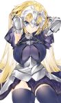  1girl absurdres armor armored_dress blonde_hair blue_eyes capelet fate/apocrypha fate/grand_order fate_(series) faulds gauntlets hair_down headpiece highres jeanne_d&#039;arc_(fate) jeanne_d&#039;arc_(fate)_(all) kou_mashiro long_hair looking_at_viewer plackart smile solo thigh-highs very_long_hair 