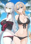  2girls ahoge ass bangs bare_shoulders bikini black_bikini black_choker blonde_hair blue_eyes blue_jacket blue_sky blush braid breasts butt_crack choker cleavage clouds collarbone commentary_request day eyebrows_visible_through_hair fate/grand_order fate_(series) front-tie_bikini front-tie_top green_eyes hair_between_eyes hand_on_own_chest hand_up headpiece highres jacket jeanne_d&#039;arc_(alter_swimsuit_berserker) jeanne_d&#039;arc_(fate)_(all) jeanne_d&#039;arc_(swimsuit_archer) large_breasts long_hair long_sleeves medium_breasts multiple_girls navel off_shoulder open_clothes open_jacket outdoors pale_skin palm_tree silver_hair single_braid sky sleeves_past_wrists swimsuit thick_eyebrows thigh_gap tree very_long_hair yuzu-aki 
