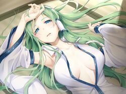  1girl asutora blue_eyes blush breasts collared_shirt detached_sleeves frog_hair_ornament green_hair hair_ornament hair_tubes hands_up highres indoors kochiya_sanae large_breasts long_hair lying nontraditional_miko on_back open_clothes open_mouth open_shirt shirt sleeveless sleeveless_shirt snake_hair_ornament solo touhou white_shirt 