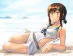  1girl adapted_costume artist_name beach black_hair blurry casual_one-piece_swimsuit collarbone depth_of_field ergot fubuki_(kantai_collection) full_body hair_ornament hairclip jewelry kantai_collection looking_at_viewer low_ponytail lying on_side one-piece_swimsuit pleated_skirt ponytail ring short_ponytail sidelocks skirt solo swimsuit wedding_band white_skirt white_swimsuit 