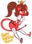  1girl :d artist_name bangs between_legs blush borrowed_character brown_hair buruma cartoon commentary crown demon_girl demon_tail diives english_commentary eyebrows_visible_through_hair fangs food fruit full_body hand_between_legs happy_birthday highres horns long_hair looking_at_viewer meruccubus_(merunyaa) open_mouth orange original pointy_ears ponytail red_skin short_sleeves simple_background smile solo tail tail_between_legs thigh-highs white_background white_legwear 