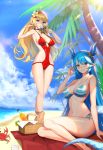  2girls absurdres ahoge alternate_costume artemia_(king&#039;s_raid) bangs bare_shoulders beach beach_mat bikini blonde_hair blue_bikini blue_eyes blue_hair blue_sky blush breasts cleavage clouds collarbone commentary covered_navel crab day dragon_girl dragon_horns dragon_tail eyebrows_visible_through_hair flower food full_body groin hair_flower hair_ornament hairband highres holding holding_food horns jeongjae_(jj) king&#039;s_raid laias_(king&#039;s_raid) large_breasts long_hair looking_at_viewer multiple_girls navel ocean one-piece_swimsuit outdoors palm_tree pointy_ears popsicle red_swimsuit revision sand shade side-tie_bikini sitting sky smile standing stomach sucking swimsuit tail tree very_long_hair yokozuwari 