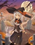  1girl absurdly_long_hair absurdres animal_ears black_headwear black_skirt blush bow broom brown_eyes closed_mouth dog_ears eyebrows_visible_through_hair grey_hair halloween hat hat_bow hat_ribbon highres holding holding_broom jack-o&#039;-lantern lkjun_(jg010118) long_hair looking_at_viewer orange_bow orange_ribbon original outdoors ribbon skirt smile solo tombstone trick_or_treat very_long_hair white_hair witch_hat 