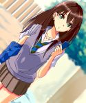  1girl bag blurry blurry_background brown_hair brown_skirt cellphone collared_shirt cowboy_shot day dutch_angle earrings green_eyes green_neckwear grey_sweater highres holding holding_bag holding_phone idolmaster idolmaster_cinderella_girls jewelry long_hair looking_at_viewer miniskirt multicolored_hair necktie outdoors parted_lips phone pleated_skirt purple_hair school_bag shibuya_rin shiki_(0802makimari) shiny shiny_hair shirt short_sleeves skirt smartphone solo standing striped striped_neckwear sweater sweater_vest two-tone_hair white_shirt 