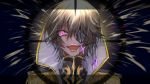  1boy :d brown_hair code_geass eyepatch highres lelouch_lamperouge looking_at_viewer male_focus military military_uniform open_mouth pink_eyes portrait short_hair smile solo sumi_otto uniform 