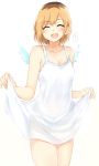  1girl :d blonde_hair blue_wings blush breasts brown_hair cleavage closed_eyes collarbone covered_navel cowboy_shot dress dress_lift feathered_wings lifted_by_self miyamori_aoi multicolored_hair open_mouth see-through_silhouette shirobako short_dress short_hair short_wings simple_background sleeveless sleeveless_dress small_breasts smile solo speech_bubble standing sundress tahita1874 two-tone_hair white_background white_dress wings 