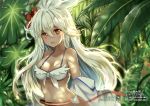  1girl :d bangs bare_shoulders bikini blush breasts cleavage collarbone commentary_request dark_skin day eyebrows_visible_through_hair flower granblue_fantasy hair_between_eyes hair_flower hair_ornament jacket jungle long_hair looking_at_viewer lunacats medium_breasts nature navel off_shoulder open_mouth outdoors pixiv_id red_flower smile solo swimsuit very_long_hair watermark web_address white_bikini white_hair white_jacket zooey_(granblue_fantasy) 