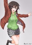  1girl alternate_costume anti_(untea9) arm_up black_hair brown_jacket checkered checkered_skirt commentary_request feet_out_of_frame green_sweater grey_background grey_eyes hayasui_(kantai_collection) highres hood hooded_sweater hoodie jacket kantai_collection looking_at_viewer short_hair simple_background skirt solo standing standing_on_one_leg sweater twitter_username 