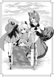  3girls animal_ear_fluff animal_ears breast_rest breasts breasts_on_head brooch cape disembodied_head fang grass_root_youkai_network greyscale head_fins headless imaizumi_kagerou japanese_clothes jewelry kimono lap_pillow leaf_print long_sleeves miniskirt monochrome multiple_girls open_mouth pleated_skirt print_kimono sandals sekibanki skin_fang skirt smile tail tamahana touhou wakasagihime wheelchair wolf_ears wolf_tail 