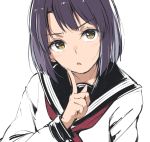  1girl bangs black_sailor_collar blush close-up copyright_request eyebrows_visible_through_hair finger_to_cheek haine highres index_finger_raised long_sleeves neckerchief open_mouth purple_hair red_neckwear sailor_collar school_uniform serafuku short_hair simple_background sketch solo upper_body white_background yellow_eyes 