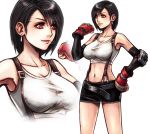  1girl alternate_hairstyle armor bangs belt blush breasts earrings final_fantasy final_fantasy_vii gloves jewelry large_breasts parted_bangs red_eyes short_hair shorts tifa_lockhart white_tank_top 