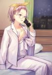  1girl :d alternate_hairstyle bed bed_frame blurry brown-framed_eyewear commentary_request curtains depth_of_field fate/grand_order fate_(series) feet_out_of_frame forehead glasses hair_ribbon hairband hand_on_own_chest haru_(hiyori-kohal) holding holding_phone indoors jacket_on_shoulders long_sleeves mash_kyrielight on_bed open_mouth pajamas phone pillow pink_hair polka_dot ribbon short_hair sitting sitting_on_bed smile solo talking_on_phone unmoving_pattern violet_eyes wings yellow_hairband yellow_ribbon 