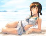  1girl adapted_costume artist_name beach black_hair blurry casual_one-piece_swimsuit collarbone depth_of_field ergot fubuki_(kantai_collection) full_body hair_ornament hairclip jewelry kantai_collection looking_at_viewer low_ponytail lying on_side one-piece_swimsuit pleated_skirt ponytail ring short_ponytail sidelocks skirt solo swimsuit wedding_band white_skirt white_swimsuit 
