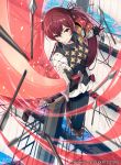  1girl 40hara arrow closed_mouth company_name copyright_name fire_emblem fire_emblem_cipher fire_emblem_if gloves highres holding holding_sword holding_weapon long_hair long_sleeves luna_(fire_emblem_if) nintendo official_art redhead scabbard sheath smile solo sword twintails water weapon 