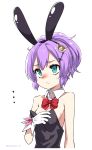  ... 1girl absurdres animal_ears aqua_eyes azur_lane bangs bare_shoulders black_hairband blush bow bowtie breasts bunnysuit cleavage closed_mouth cross crown detached_collar fake_animal_ears frown gloves hairband hand_up high_ponytail highres inverted_cross javelin_(azur_lane) kandori mini_crown nose_blush ponytail purple_hair rabbit_ears red_bow red_neckwear short_hair simple_background small_breasts solo strapless twitter_username upper_body white_background white_gloves wide_ponytail 