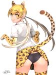  1girl animal_ears ass bangs black_panties blush closed_mouth commentary_request cowboy_shot dated eyebrows_visible_through_hair from_behind hair_between_eyes happa_(cloverppd) jaguar_(kemono_friends) jaguar_ears jaguar_print jaguar_tail kemono_friends long_hair looking_at_viewer looking_back panties pleated_skirt red_neckwear school_uniform shirt short_sleeves simple_background skirt skirt_lift smile solo standing tail thigh-highs underwear white_background white_shirt 