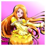  1girl border bow choker cure_muse cure_muse_(yellow) dress earrings hair_down highres jewelry light_brown_hair long_hair niita pink_background pink_eyes precure shirabe_ako smile solo suite_precure white_border 