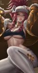  1girl akali armpits arms_up artist_name baseball_cap blush breasts cleavage clothes_writing collar collarbone drill_hair fur-trimmed_jacket fur-trimmed_sleeves fur_trim gloves hat highres jacket k/da_(league_of_legends) large_breasts league_of_legends lexaiduer long_hair long_sleeves looking_at_viewer open_clothes open_jacket pants parted_lips patreon_logo pink_hair pink_lips ponytail sidelocks sitting solo sports_bra under_boob violet_eyes watermark web_address white_gloves white_headwear white_pants yellow_jacket 