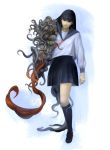  1girl bangs black_eyes black_footwear black_hair blue_legwear blue_skirt body_horror closed_mouth collarbone douzen eldritch_abomination expressionless highres long_hair monster original red_neckwear school_uniform skirt solo standing tentacle thigh-highs 