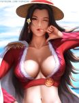  1girl ;o biting black_hair blue_eyes blue_sky blush boa_hancock breasts cleavage clouds collarbone earrings feather_boa finger_biting finger_to_mouth jewelry large_breasts long_hair looking_at_viewer midriff navel one_eye_closed one_piece sky snake snake_earrings solo very_long_hair yupachu 