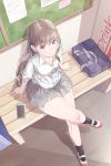  12_graka 1girl bag bench black_legwear cellphone eyebrows_visible_through_hair highres legs_crossed long_hair looking_at_viewer looking_up original phone school_bag school_uniform shoes sitting smartphone socks uwabaki veins violet_eyes 