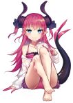  1girl :3 absurdres bada_(jksh5056) bangs bikini bikini_under_clothes blue_eyes blush closed_mouth collarbone collared_shirt commentary_request dragon_girl dragon_horns dragon_tail dress_shirt elizabeth_bathory_(fate) elizabeth_bathory_(fate)_(all) eyebrows_visible_through_hair fate/extra fate/extra_ccc fate_(series) feet full_body hair_between_eyes hair_ribbon highres horns legs long_hair long_sleeves looking_at_viewer off_shoulder open_clothes open_shirt pink_bikini pointy_ears purple_ribbon redhead ribbon shirt simple_background sleeves_past_wrists smile solo swimsuit tail tail_raised toenails toes two_side_up v very_long_hair white_background white_shirt 